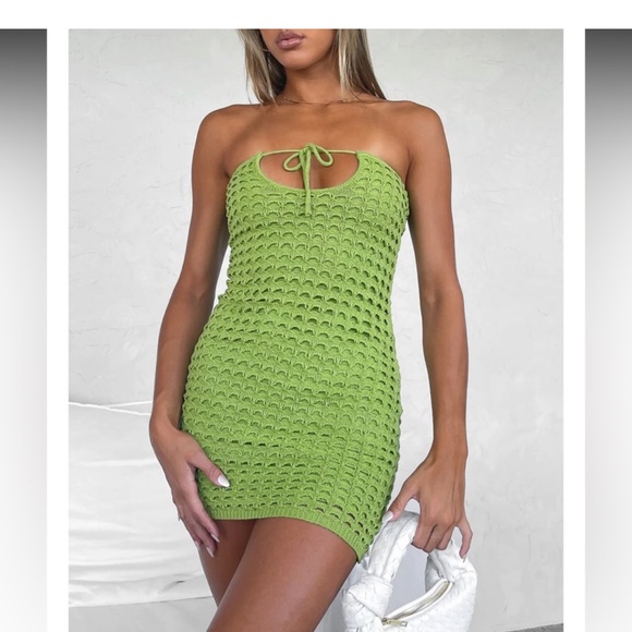 White Fox Boutique Dresses & Skirts - White Fox Boutique More Than I Should Crochet Mini Dress- matcha